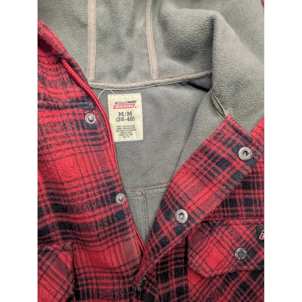 Dickies Plaid Flannel Jacket Fleece‎ Lined Mens Medium Red Check Snap Up Hoodie
